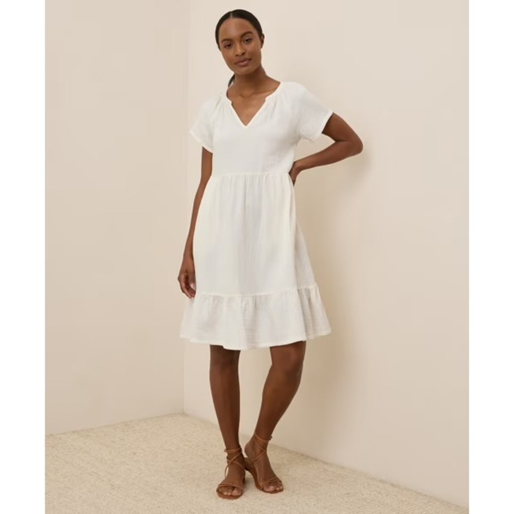 Pact | Coastal Double Gauze Breezy Dress M White Organic Cotton V-Neck Tiered